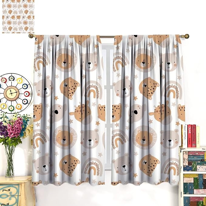 Cartoon Boho Animal Curtains,Funny Forest Safari Print,Cute African Wildlife Koala Giraffe Lion Leopard Bear Rainbow Blackout Window Drapes for Boys Girls Kids Baby Child Bedroom 52x84in