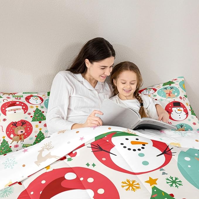 Feelyou Christmas Bedding Set Soft for Boys Girls, Santa Snowman Comforter Set Toddler Size Deer Xmas Tree Duvet Quilt Microfiber Snowflake Bedroom Decor 2 Pcs with 1 Pillow Cases