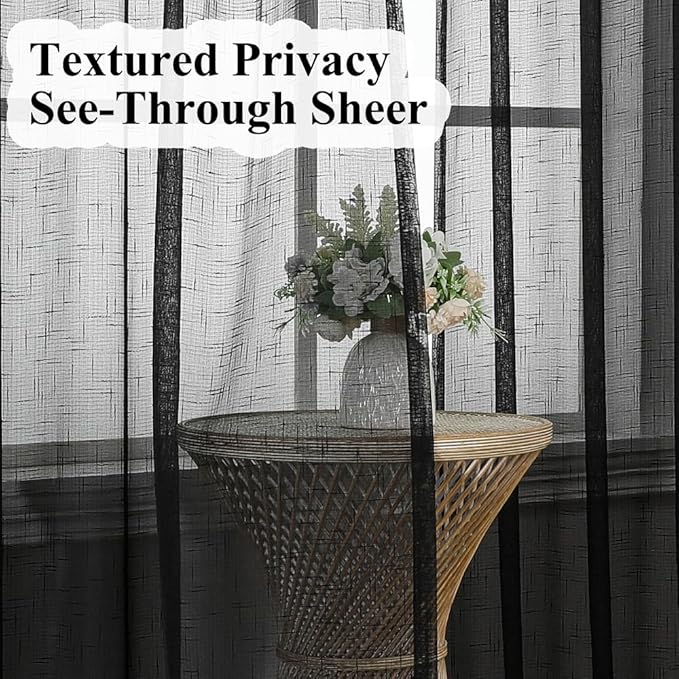 Black Linen Look Sheer Curtains 108 Inches Long 2 Panels, Rustic Textured Light Filtering Drapes, Dark Moody Window Decor, Floor to Ceiling Pinch Pleat Curtain with Hooks