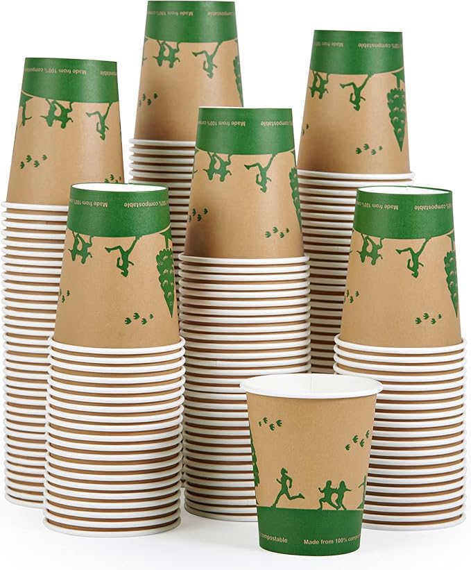 ECOLipak 300 Count Compostable Paper Cups, 8 oz Biodegradable Disposable Paper Coffee Cups with PLA Lined, Eco friendly Hot Drinking Cups for Party, Picnic,Travel,and Events
