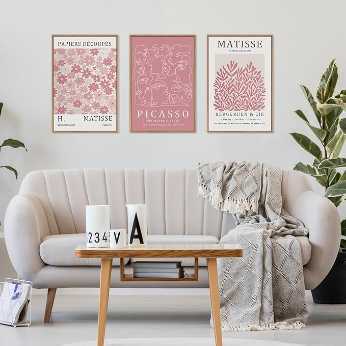 HLNIUC Matisse Pink Wall Art,Neutral Pink Flower Framed Canvas Wall Decor Set of 3(16”x24’) Modern Aesthetic Pictures Wall Painting,Abstract Flower Market Art Print for Living Room,Bedroom
