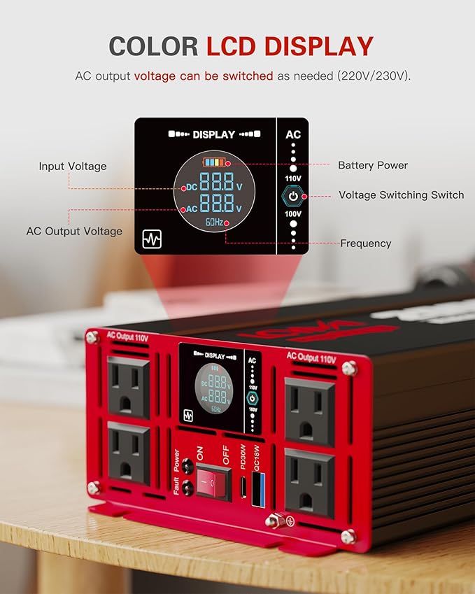 3000 Watts Power Inverter Pure Sine Wave DC 12V to 110V/120V AC 6000W Peak Inverters with 4 AC Outlets Type-C PD30W QC3.0 USB Fast Charging Port Remote Control and LCD Display Solar Off-Grid Converter