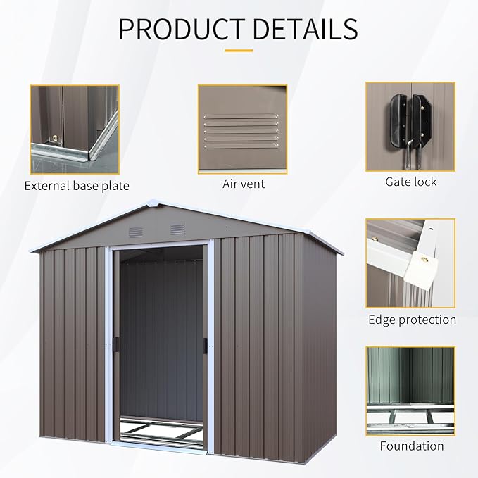 4x8 FT Outdoor Storage Shed, Metal Garden Shed with Frame Floor, Outside Tool Shed with Lockable Sliding Doors, Waterproof Storage Building with Sloped Roof for Backyard, Patio, Lawn, Warm Gray