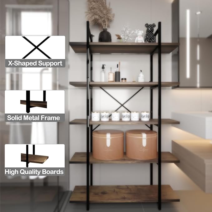5 Tiers Bookshelf Organizer Industrial Shelf,Modern Open Display Storage Bookcase,Rustic Brown and Metal Bookshelf Standing Storage Shelf Tall Shelving Units for Home Office Study.