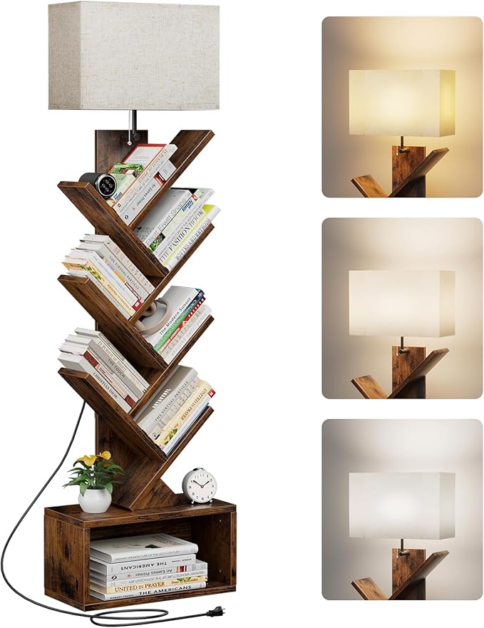 6 Tier Tree Bookshelf with Light, Narrow Bookcase Tower, Tall Floor Standing Book Organizer with Storage Cabinet for Living Room, Bedroom and Home Office, Rustic Brown