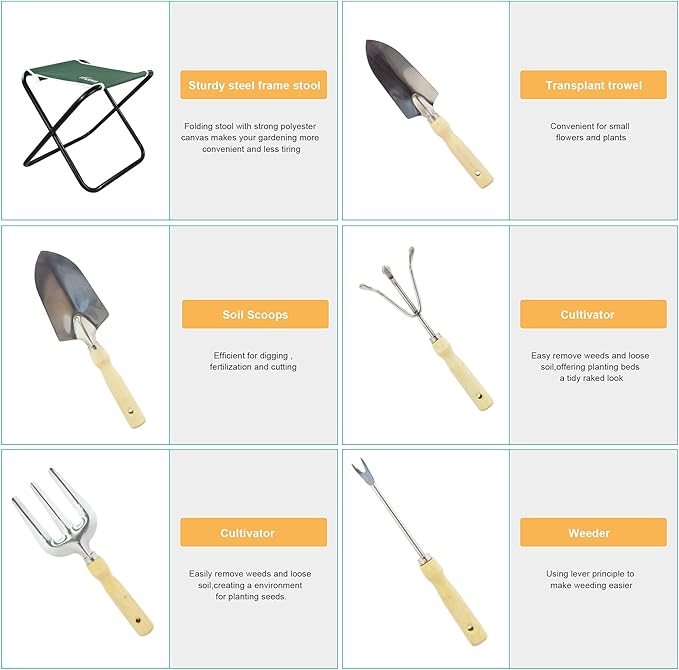 7 Piece Garden Tool Set Including Folding Stool with Tool Bag, All in ONE Gardening Tool Kit Gifts for Women & Men