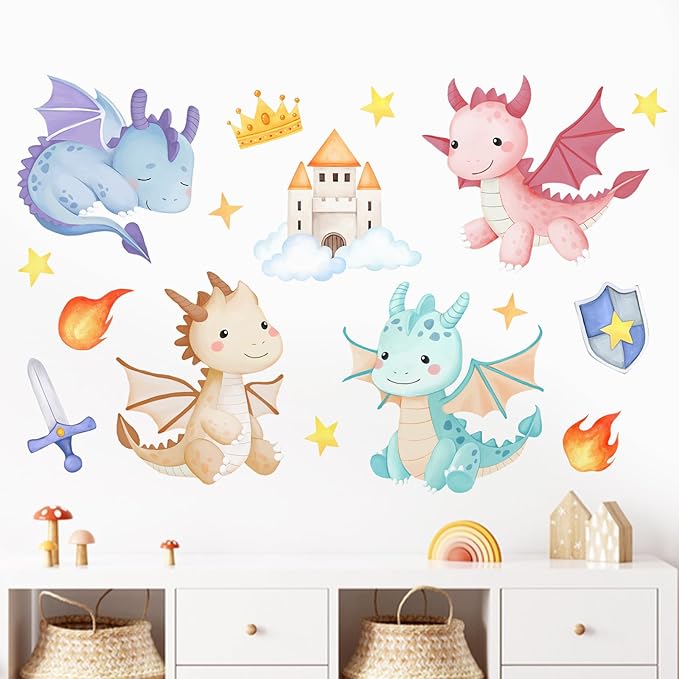 Mfault Baby Dragon Wall Decals Stickers, Cartoon Castle Crown Sword Shield Decoration Nursery Kids Bedroom Art, Fire Stars Cloud Toddler Girls Boys Playroom Living Room Home Decor