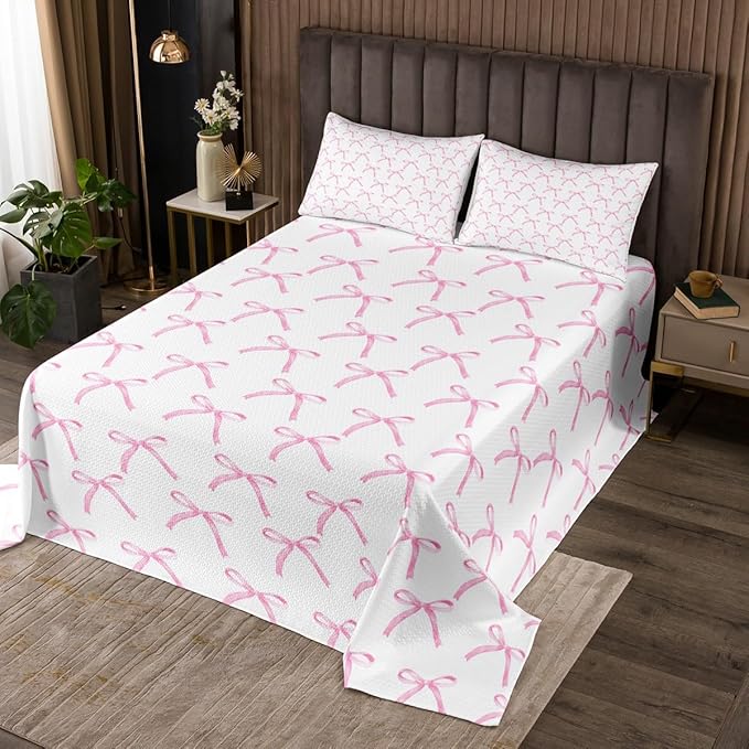 Cartoon Bowknot Kids Bedspread Twin Size,Pink Bow Tie Butterfly Knot Princess Coverlet Set,Girls Women Room Decor,Watercolor Bow Patchwork Quilted Coverlet,Pink White Bedding Quilt,1 Pillowcase