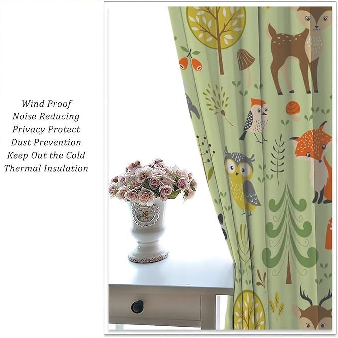 Cute Animals Curtains, Fox Bear Cartoon Wild Animals Blackout Window Treatments, Rod Pocket Thermal Insulated Drapes 2 Panel Sets for Kids Bedroom Nursery Classroom, 63" W X 72" L