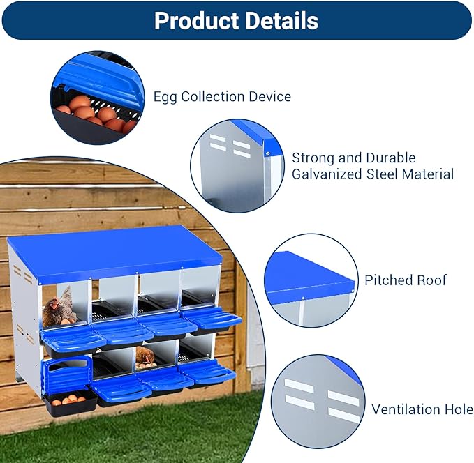 Nesting Boxes for Chickens, 8 Compartments Chicken Nesting Box, Chicken Laying Boxes with Lid Cover, Roll Away Nesting Box for Chickens Laying Egg, Blue