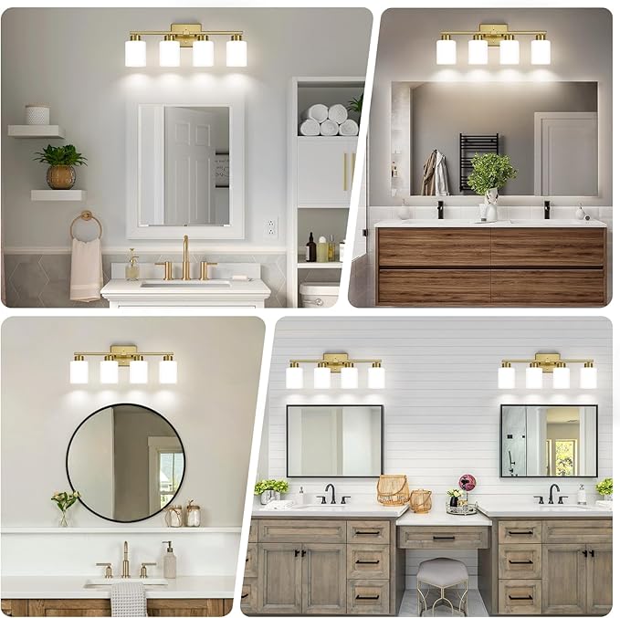 Brushed Gold Bathroom Light Fixtures, 4-Light Modern Vanity Light Over Mirror
