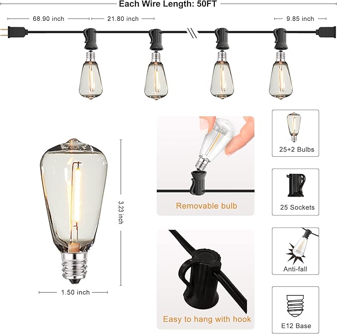 DAMAING Outdoor String Lights 50 FT Waterproof Patio Light String Lights