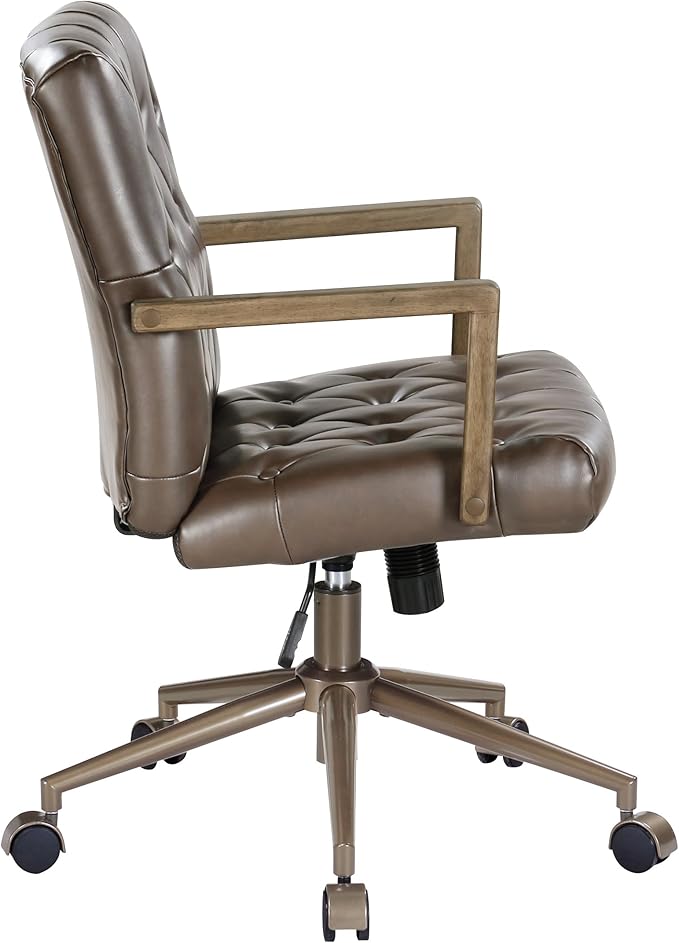OSP Home Furnishings Waltham Adjustable Height and Tilt, Swivel Home Office Chair with Wood Arms, Chocolate Faux Leather