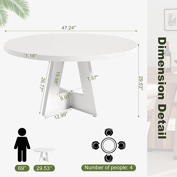 NicBex 47-Inch Round Dining Table for 4, Farmhouse Dinner Table Small Farmhouse Kitchen Tables with Wood Pedestal Base for Dining Room, Kitchen, Living Room, White