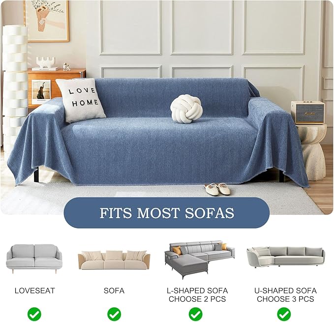 STACYPIK Durable Simple Blue Sofa Cover for Pets Kids Textured Herringbone Chenille Couch Covers for 3 Cushion Couch L Shape Couch Cover Versatile Protector Cover Multi-Use Blanket Washable-91X134IN