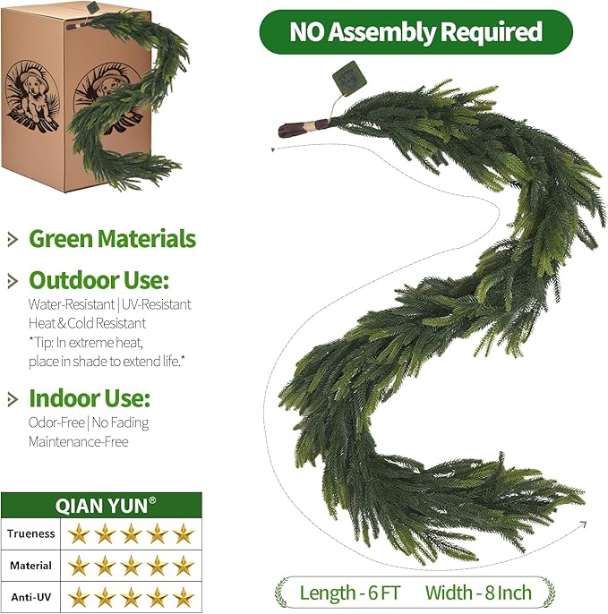6FT Artificial Norfolk Pine Garland – Real Touch Greenery Garland, Dense Green Plants for Indoor Outdoor Christmas, Holiday, and Home Decoration (1, 6FT-)