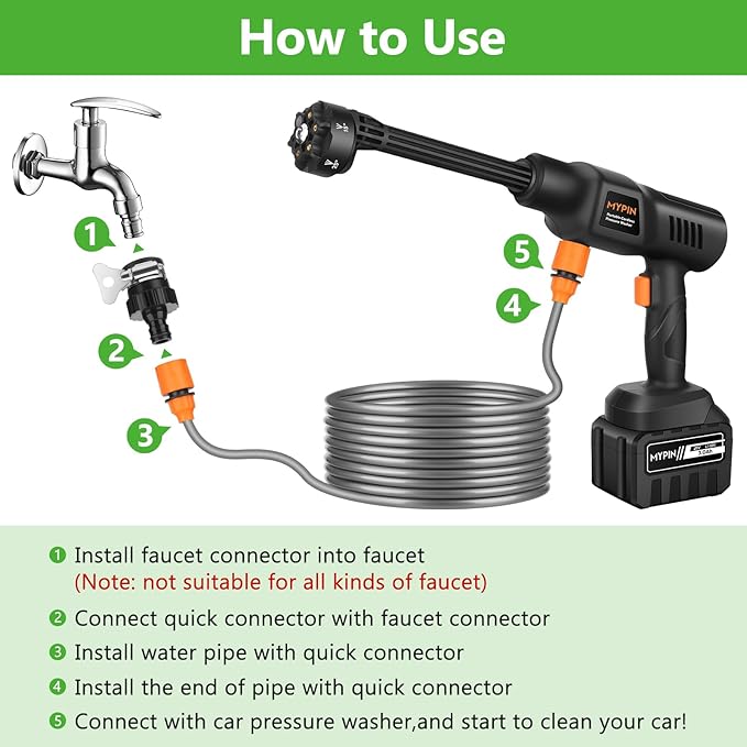 Faucet Connector for Portable Cordless Pressure Washer Use, Faucet Water Providing Way of Car Floor Wall Fence Cleaning(Note: for Pipe Diameter:0.4 Inch Use Only)