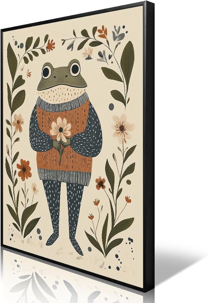 Frog Canvas Wall Art, Frog In A Textured Sweater Holding Flower Poster, Rustic Nursery Animal Painting Cozy Folk Art Print, Farmhouse Botanical Floral Painting for Kids Room 12x16in Wrapped Canvas