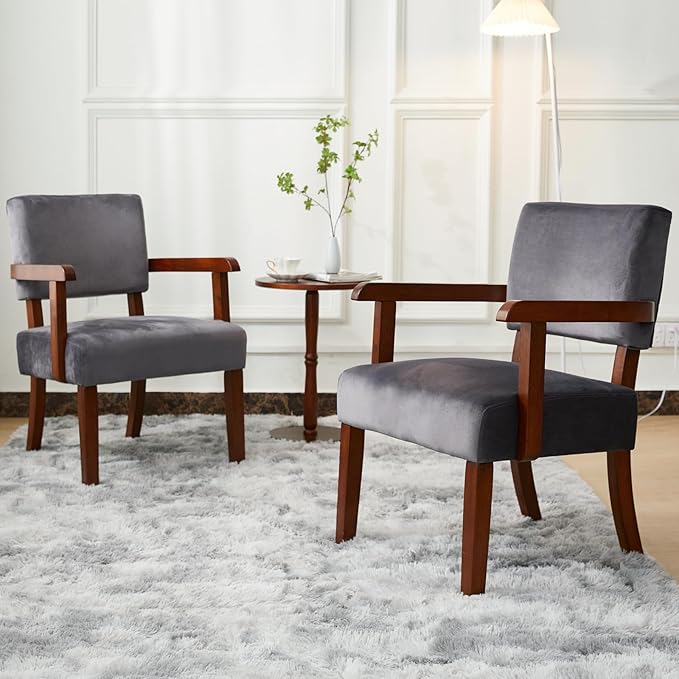 Accent Chair Set of 2 with Table, Living Room Chairs with VelvetSoft Seat and Armrests for Living Room Bedroom Reading Room Waiting Room (Greyvelvet)