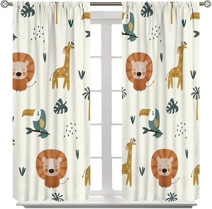 Cute Lion Window Curtains for Kids Bedroom,Cartoon Woodland Jungle Forest Wildlife Little Lion Giraffe Owl Palm Tree Printed Pattern Blackout Drapes for Living Room Baby Nursery Room 42x45 Inch