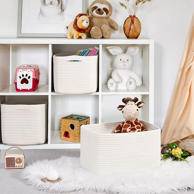 3-Pack Shelf Baskets for Organizing, Woven Storage Basket for Shelves, Cotton Rope Storage Bins for Toys Books, Nursery Towel Baskets for Classroom, 14.96"X9.8"X8.85", White