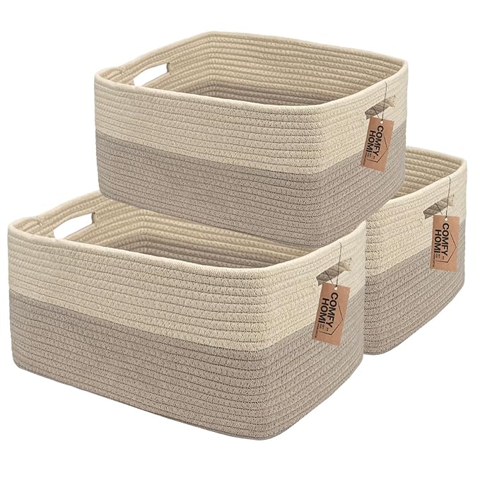 COMFY-HOMI 3 pcs Large Storage Baskets for Shelves, Laundry Basket, Woven Rope Basket, Closet Organizer Bins for Clothes Blanket Towels, Baby Nursery, Gift Toy Baskets, 17” x 13” x 7.5”-Beige Brown