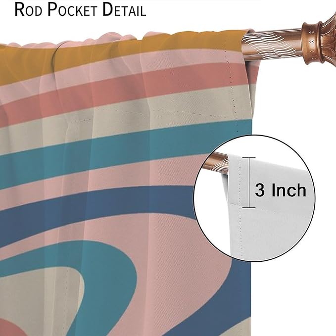 70S Abstract Wavy Swirl Curtain for Bedroom Windows,Retro Boho Minimal Teen Girls Kids Living Room Restroom Window Treatments Drapes 63" W X 72" L