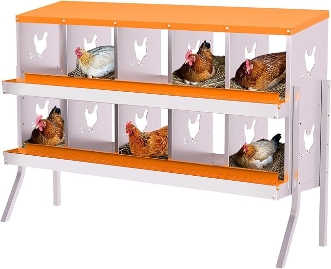 Chicken Nesting Boxes, 10-Hole Roll Away Nest Box for Chicken Coop, Metal Egg Laying Box with Perch & Lid Cover to Protect Eggs, Rollout Egg Collection, Vented Holes- with Legs Orange