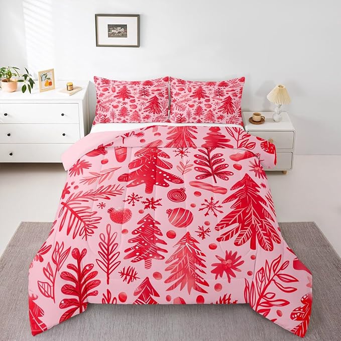 Feelyou Christmas Kids Comforter Set Full Size Snowflake Candy Bedding Set Xmas Tree Duvet Quilt for Kids Boys Girls Bedroom Pine Tree Decor Microfiber Ultra Soft Breathable