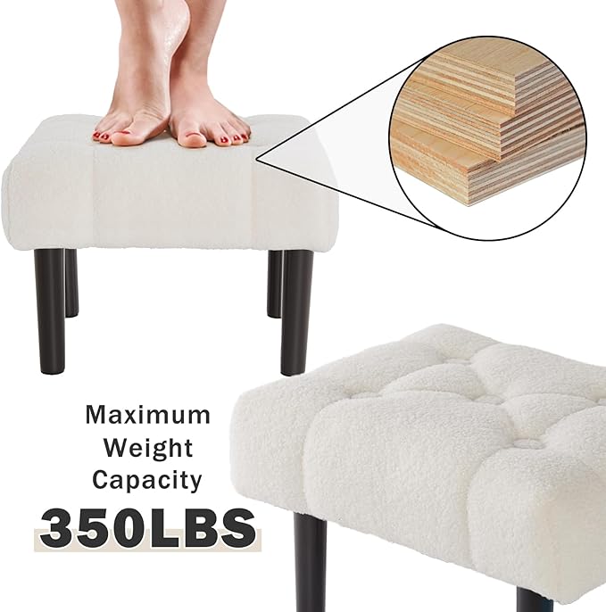 HOUCHICS Fur Padded Foot Stool, Small Ottoman with Wooden Legs, Modern Rectangle Chair Foot Rest for Living Room, Couch, Desk (White)