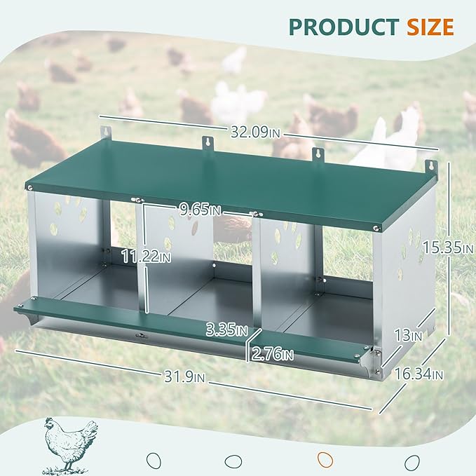 Chicken Nesting Boxes for Hens – Roll-Away Egg Nesting Box with Perch & Ventilation, Roll Out Egg Collection, Galvanized Steel Laying Box for Backyard Coop Poultry Farm (3 Holes)