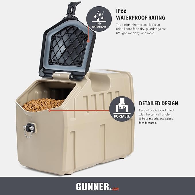GUNNER 50 lbs Dog Food Storage Container - Waterproof & Airtight Pet Food Bin - Multi-Purpose Container for Dry Food, Corn, Chicken Feed, Treats, Bird Seed, & More - Tan