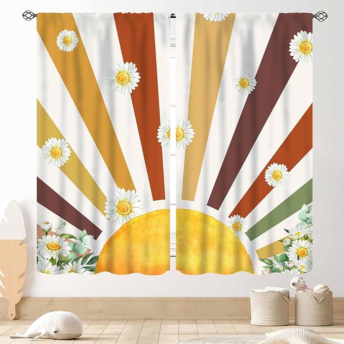 Boho Rainbow Curtains, Watercolor Bohemian Modern Abstract Daisy Floral Abstract Aesthetic Rainbow Blackout Window Treatments for Kids Girls Baby Bedroom Living Room Bathroom 2 Panels, 63"x63" Inch