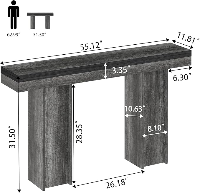 55Inch Farmhouse Console Table,Wooden Rectangular Sofa Table Behind The Couch,Entryway Console Table with Storage for Living Room, Hallway,Entrance (Grey)