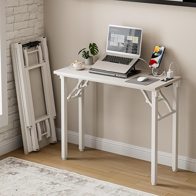 Frylr Small Folding Computer Desk – 35.8 Inch Portable Table for Craft and Study, Lightweight Desk for Small Spaces, Foldable Laptop Table Built-in AC/USB Outlets for Convenience, White