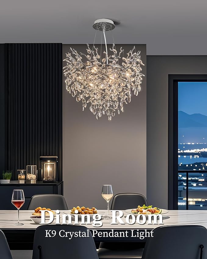 Modern Crystal Chandelier for Dining Room, 23.62" Chrome Tree Branch Chandeliers