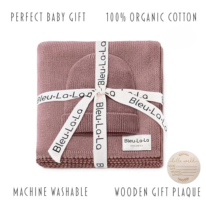 Luxe Collection 100% Organic Luxury Knit Baby Blanket + Hat Set (Sugar Plum)