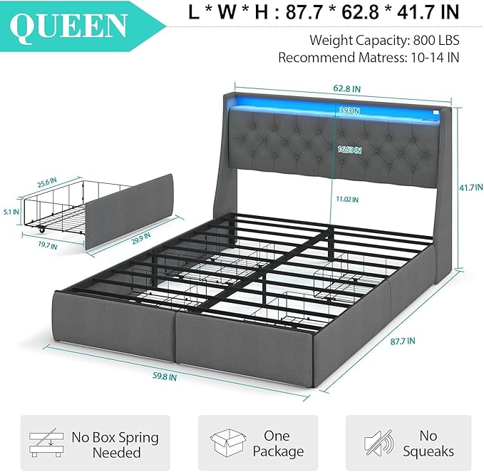 Queen Bed Frame with 4 Storage Drawers, Upholstered Headboard, LED Lights