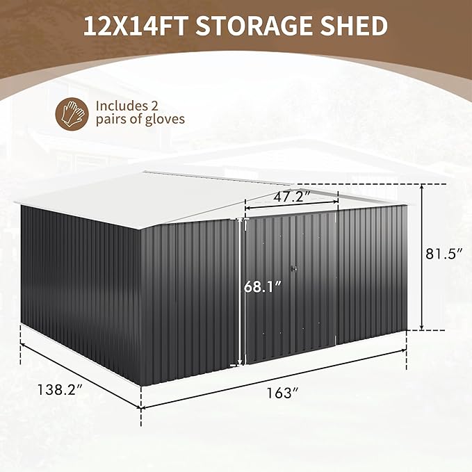 Polar Aurora 12x14 FT Outdoor Storage Shed, Garden Shed with Updated Frame Structure and Lockable Doors, Metal Tool Sheds for Backyard Garden Patio Lawn, White