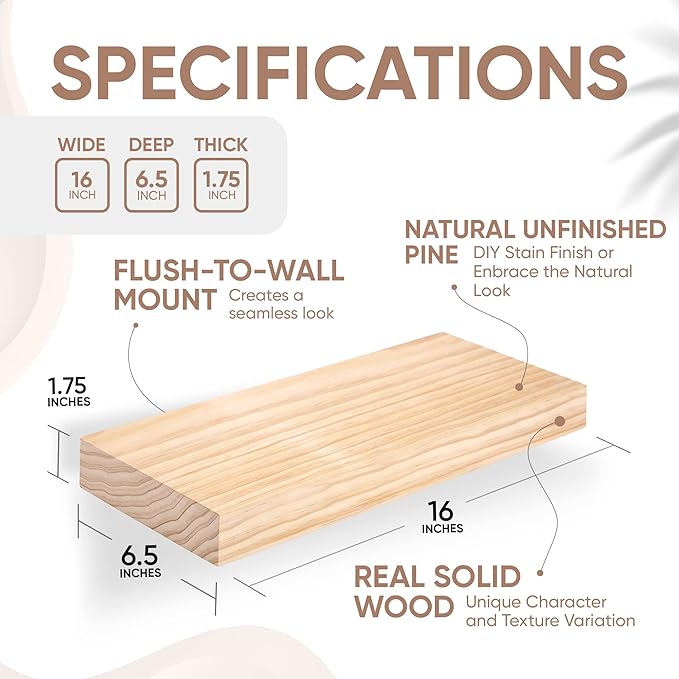 Homeforia Wood Floating Shelf 16 inch, High End Solid Natural Wood 16inch Floating Shelves for Wall Mounted, Unfinished Wooden Small Floating Shelves, Heavy Duty Bracket, 16 X 6.5 X 1.75 in, Set of 4