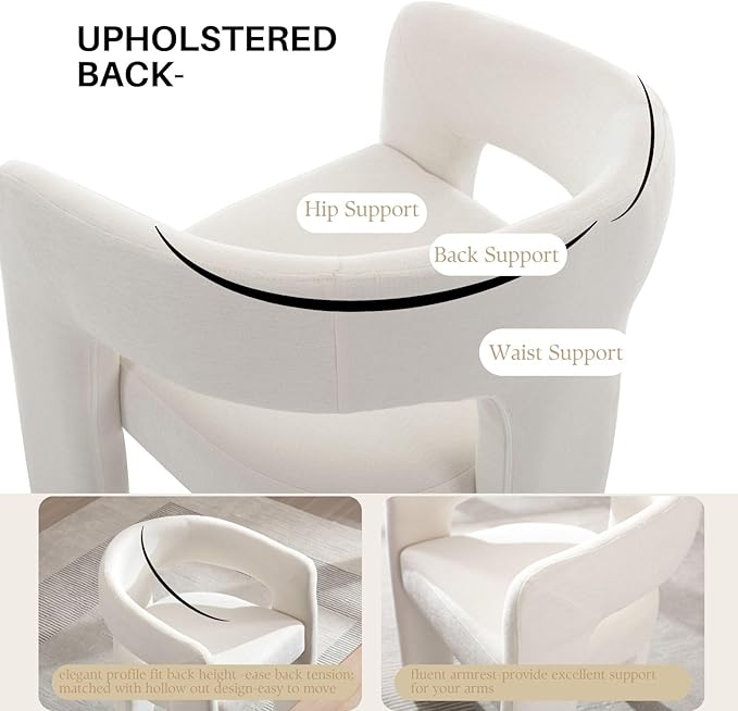 White Chenille Dining Chairs Set of 6, Modern Barrel Dining Room Chairs Upholstered Accent Chair with Arms and Round Back for Living Room Kitchen Armchair No Assembly Needed