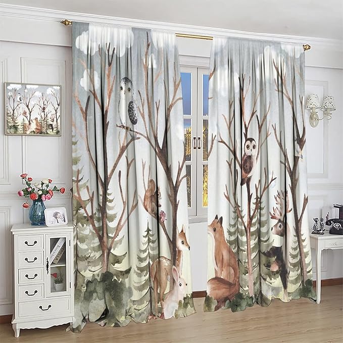 Forest Curtains, Cartoon Woodland Animals Tree Birds Moose Rabbit Mushroom Print Pattern Kids Bedroom Window Treatments Curtains 55x63in