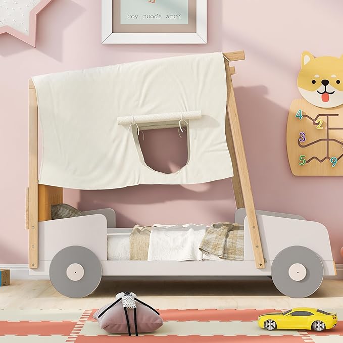 Merax Car Shaped Platform Bed for Kids Twin Size, Solid Wood Bed Frame with Back Cushion & Ceiling Cloth, for Boys Girls Teens, Natural