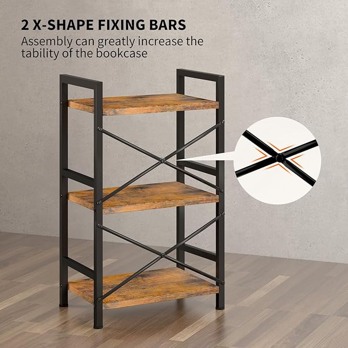 Homeiju Bookshelf, 3 Tier Industrial Bookcase, Metal Small Bookcase, Rustic Etagere Book Shelf Storage Organizer for Living Room, Bedroom, and Home Office(Rustic Brown) Patent Pending D29873033