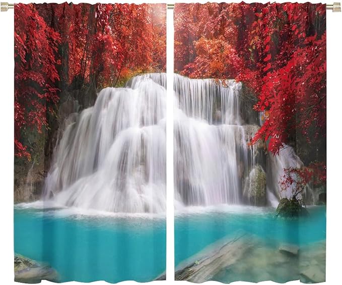 Red Forest Waterfall Blackout Windows Curtains, Tree Landscape Woodland Scenic Nature Fall Scenery Art Printed Curtains, for Living Room Bedroom 72x63in 2 Panels
