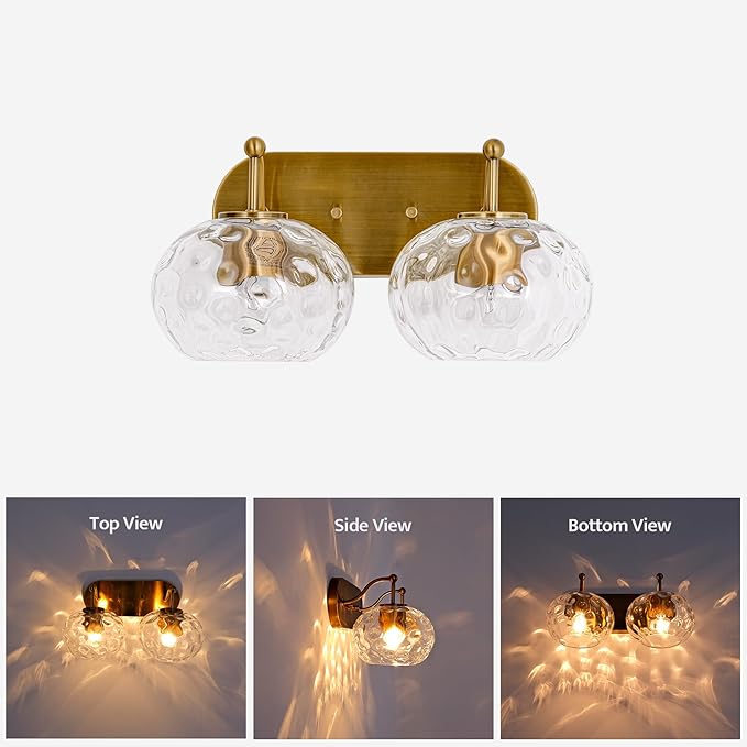 Brushed Gold Vanity Light Clear Hammered Glass Wall Sconce 2-Light Brass Wall