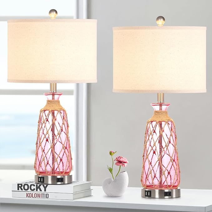25.5" Coastal Glass Table Lamps Set of 2, 3-Way Dimmable Touch Control Bedside Lamps with 2 USB Ports and AC Outlet, Pink Nautical Nightstand Lamps for Bedroom Living Room (LED Bulbs Included)