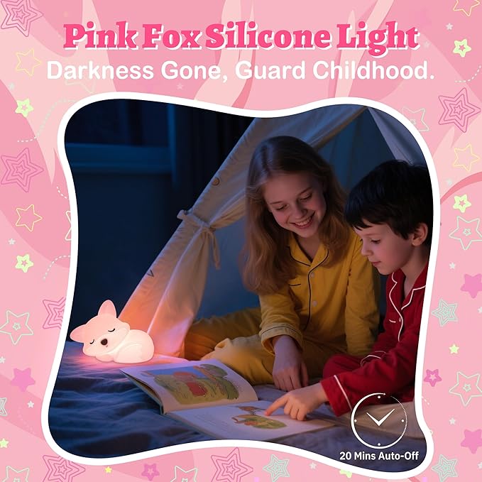 Pink Fox Night Light Toy Gifts for Girls, Cute Fox Squishy Lamp for Daughter Gifts, Dimmable Rechargeable Silicone Animal Night Light, Sweet Birthday Xmas Gift for Girls Room Pink Decor