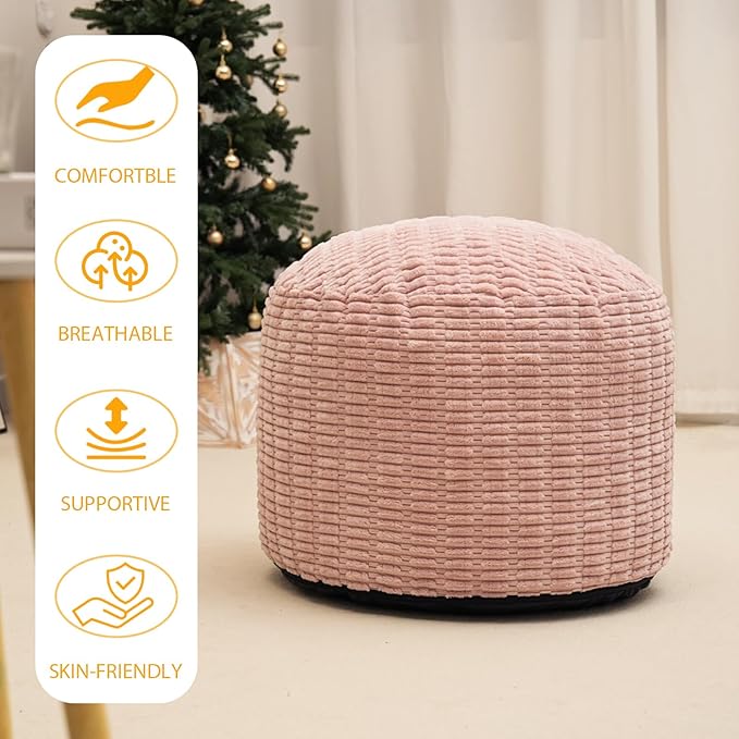 Round Stuffed Pouf Ottoman for Foot Rest, Storage Ottoman Pouf Foot Stool Cushion, Faux Fur Poufs with Foam Chunk Filling, 26 X 18 Inch Floor Chair for Living Room Bedroom Home Decor, Pink