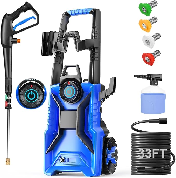 Pressure Cleaner High Power Cleaner with 33ft Pressure Hose, 4 Nozzles and 500ml Foam Cannon for Cars/Fences/Driveways/Patios/Home Cleaning (Light Blue)